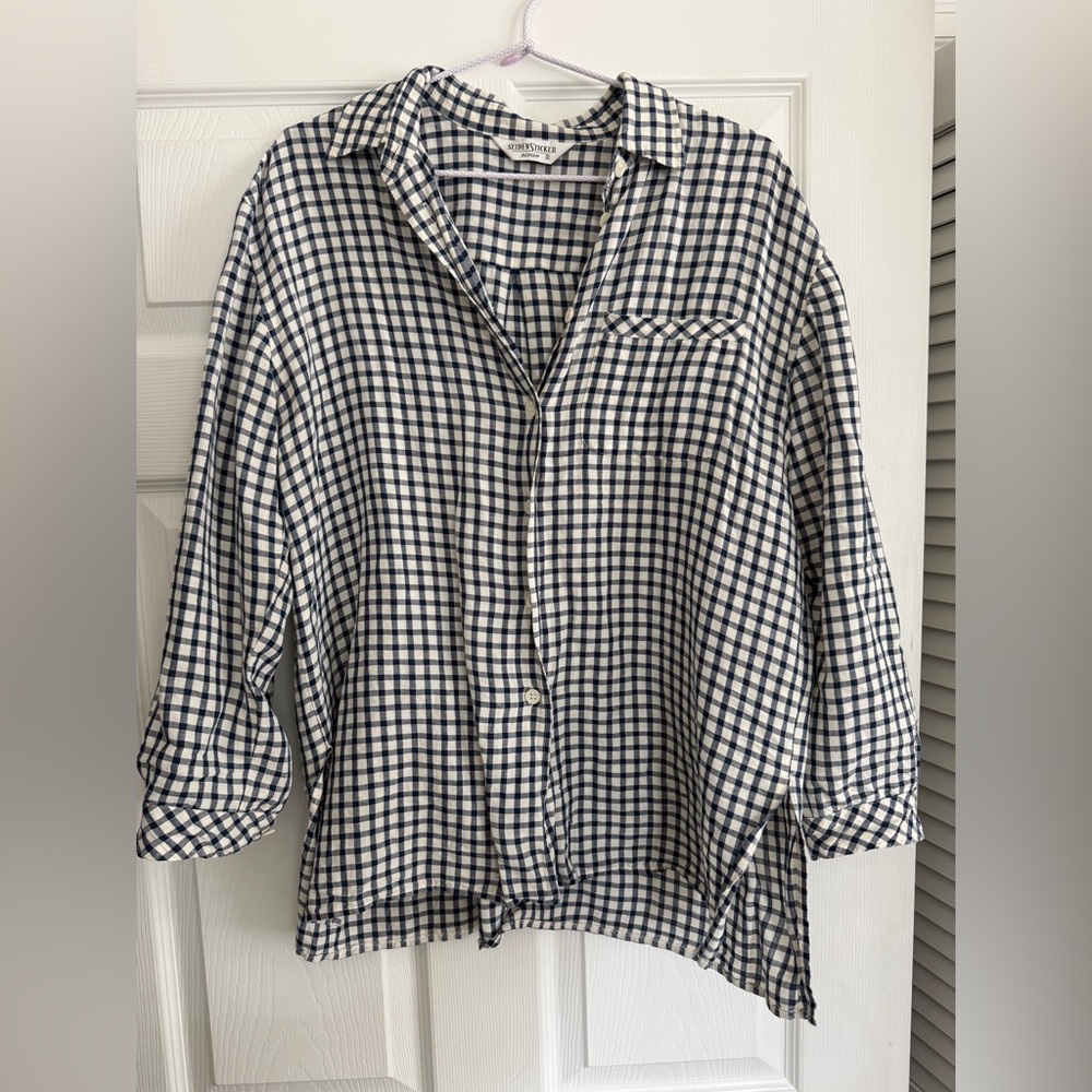 Navy and White Checkered Button-Up Shirt